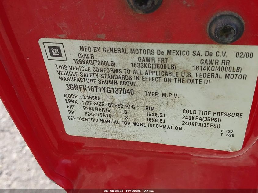 2000 Chevrolet Suburban 1500 VIN: 3GNFK16T1YG137040 Lot: 43632534