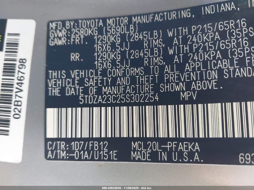 2005 Toyota Sienna Le VIN: 5TDZA23C25S302254 Lot: 43632536