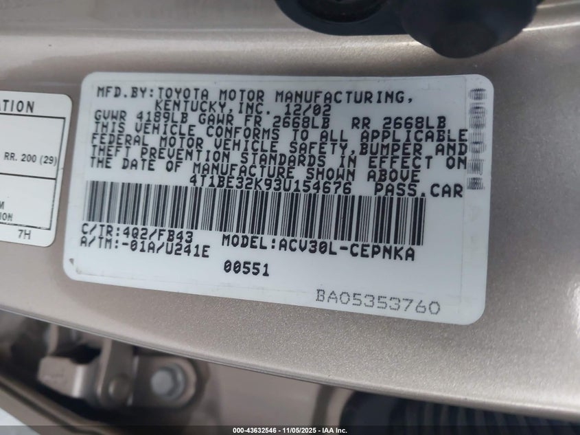 4T1BE32K93U154676 2003 TOYOTA CAMRY photo no. 9