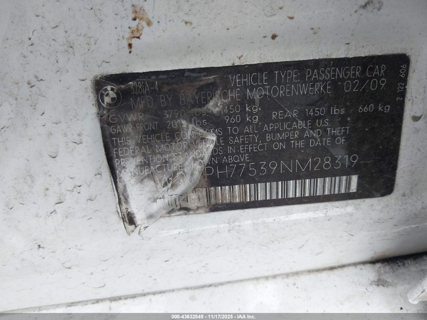 2009 BMW 328I VIN: WBAPH77539NM28319 Lot: 43632549