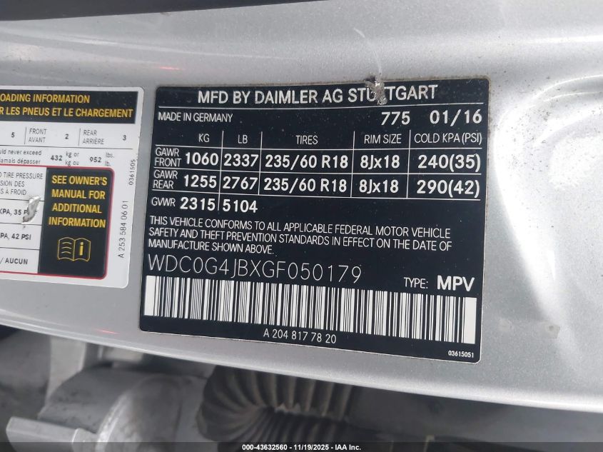 2016 Mercedes-Benz Glc 300 VIN: WDC0G4JBXGF050179 Lot: 43632560