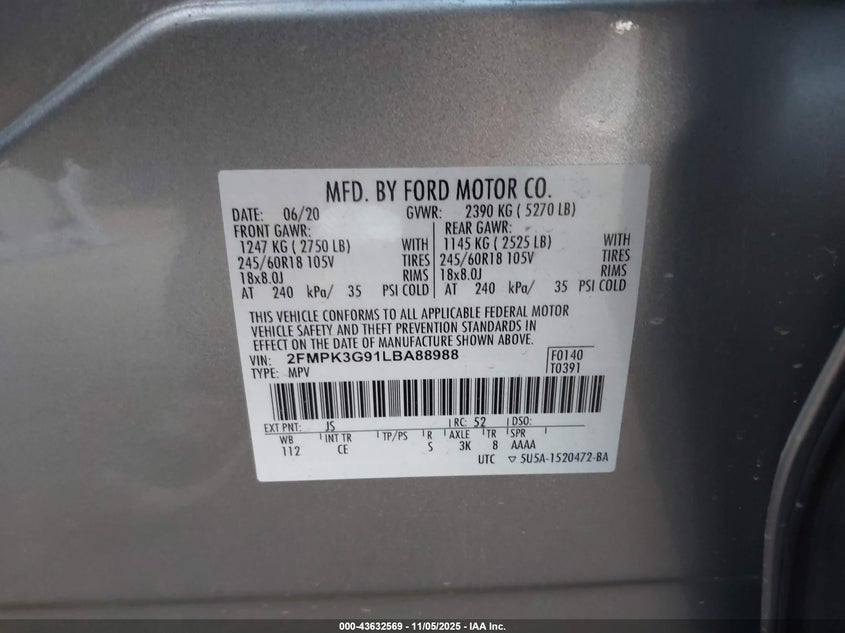 2020 Ford Edge Se VIN: 2FMPK3G91LBA88988 Lot: 43632569