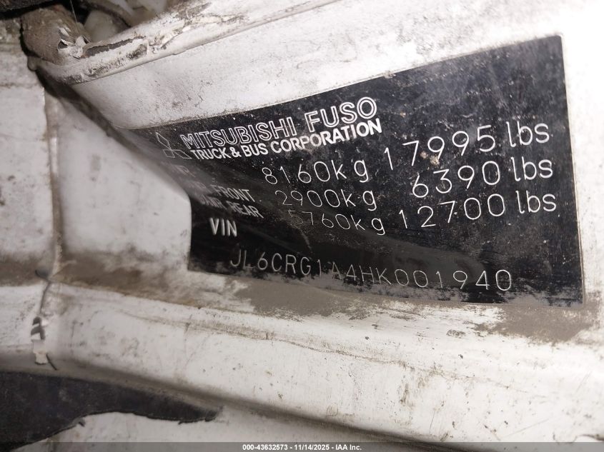 2017 Mitsubishi Fuso Fec VIN: JL6CRG1A4HK001940 Lot: 43632573