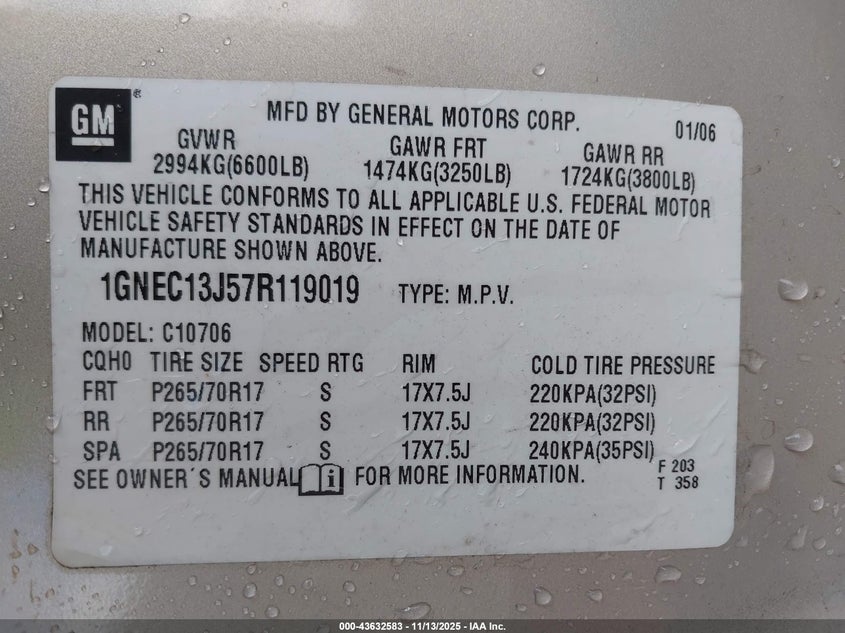 1GNEC13J57R119019 2007 CHEVROLET TAHOE photo no. 9