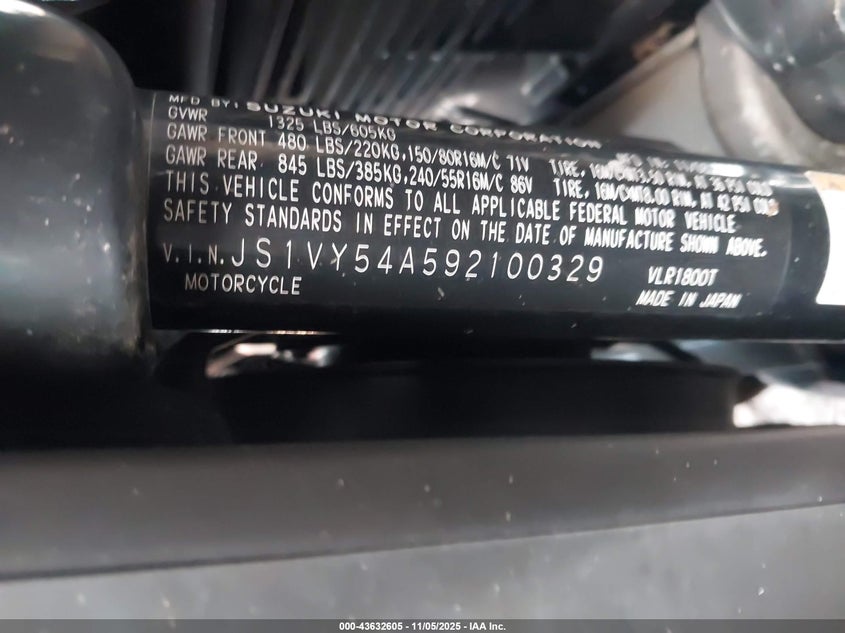 2009 Suzuki Vlr1800 VIN: JS1VY54A592100329 Lot: 43632605