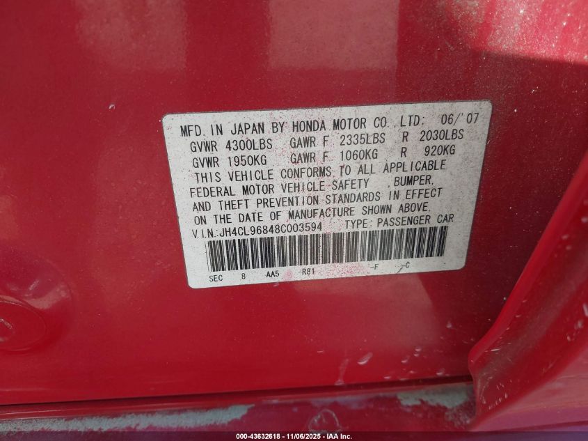 2008 Acura Tsx VIN: JH4CL96848C003594 Lot: 43632618