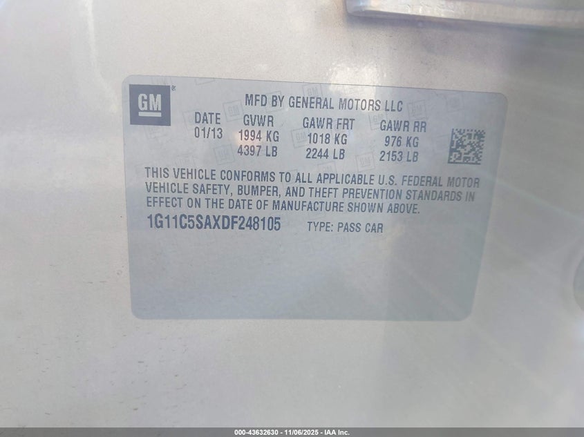 2013 CHEVROLET MALIBU 1LT 1G11C5SAXDF248105