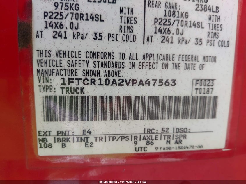 1997 Ford Ranger Splash/Xl/Xlt VIN: 1FTCR10A2VPA47563 Lot: 43632631