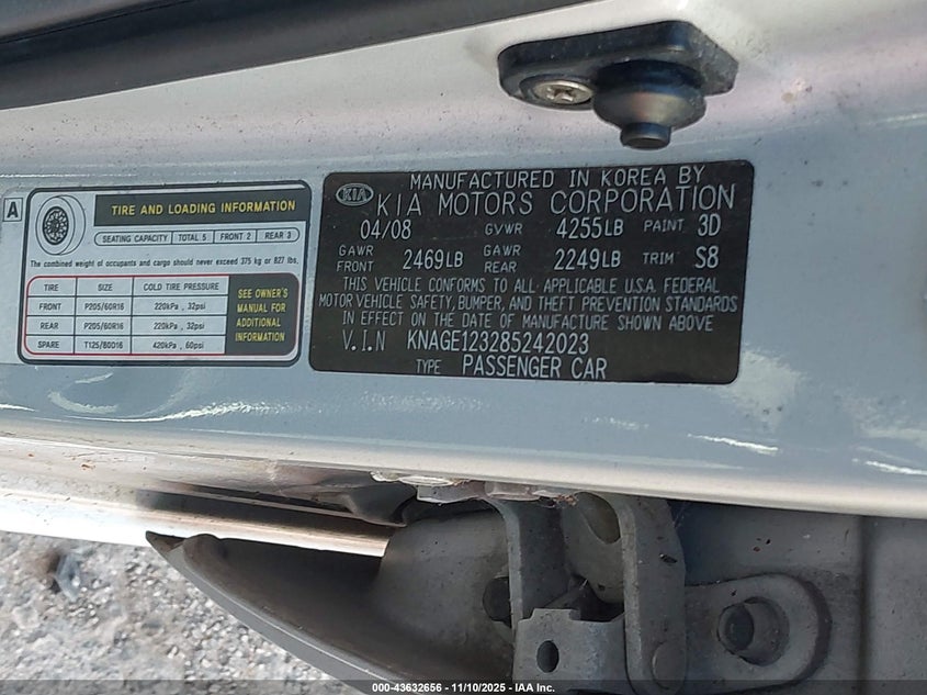 2008 Kia Optima Lx VIN: KNAGE123285242023 Lot: 43632656