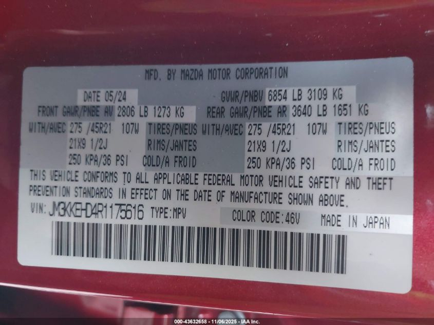 2024 Mazda Cx-90 3.3 Turbo Premium Plus VIN: JM3KKEHD4R1175616 Lot: 43632658