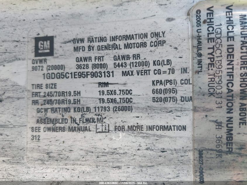 2005 GMC C5500 VIN: 1GDG5C1E95F903131 Lot: 43632660