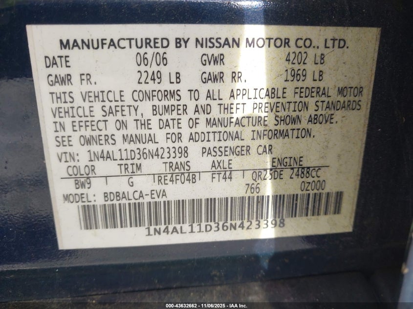 1N4AL11D36N423398 2006 NISSAN ALTIMA photo no. 9