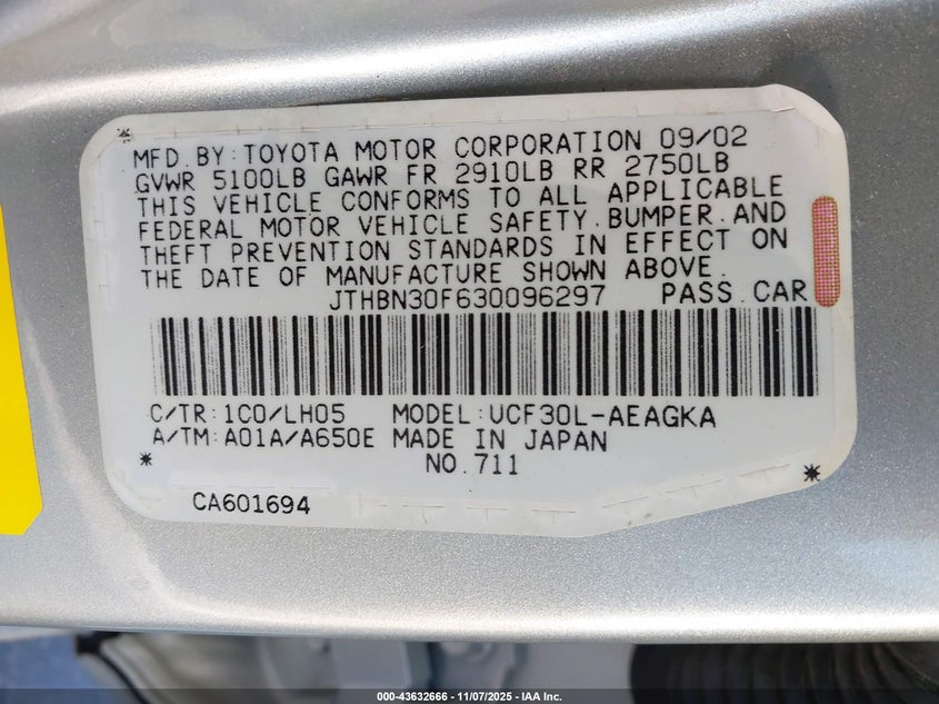 2003 Lexus Ls 430 VIN: JTHBN30F630096297 Lot: 43632666