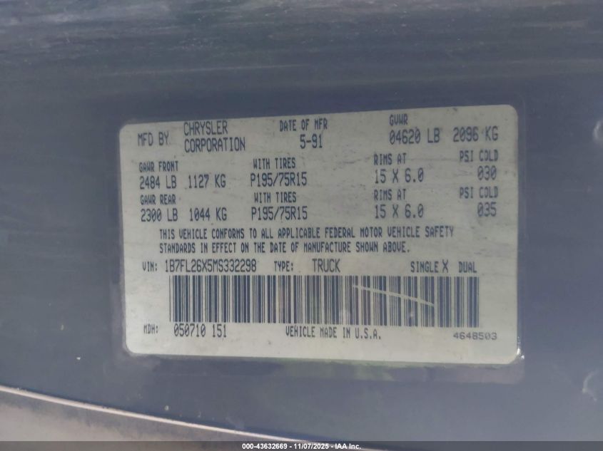 1991 Dodge Dakota VIN: 1B7FL26X5MS332298 Lot: 43632669