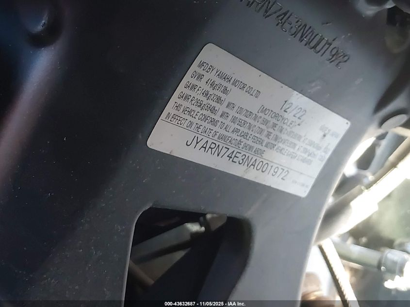 2022 Yamaha Mtt09 Gt VIN: JYARN74E3NA001972 Lot: 43632687