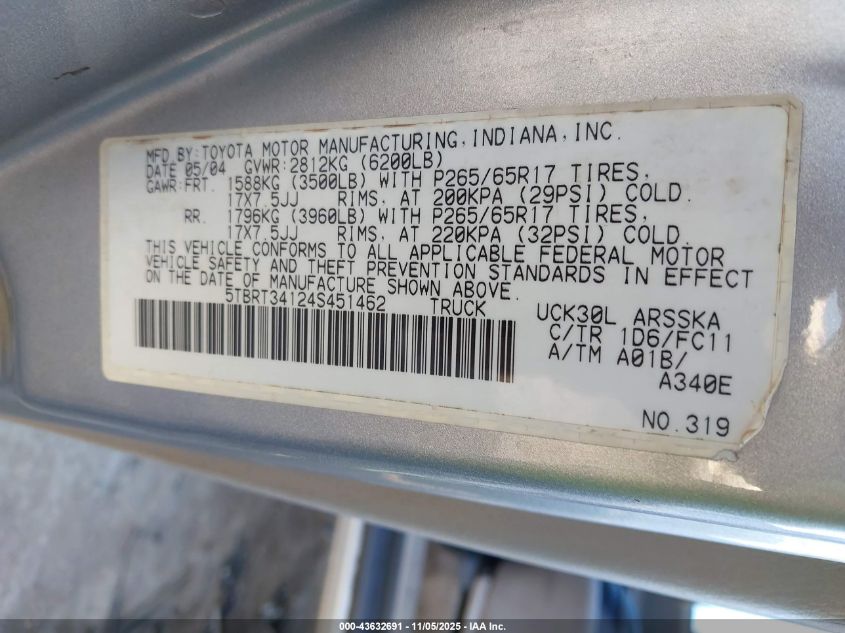 2004 Toyota Tundra Sr5 V8 VIN: 5TBRT34124S451462 Lot: 43632691