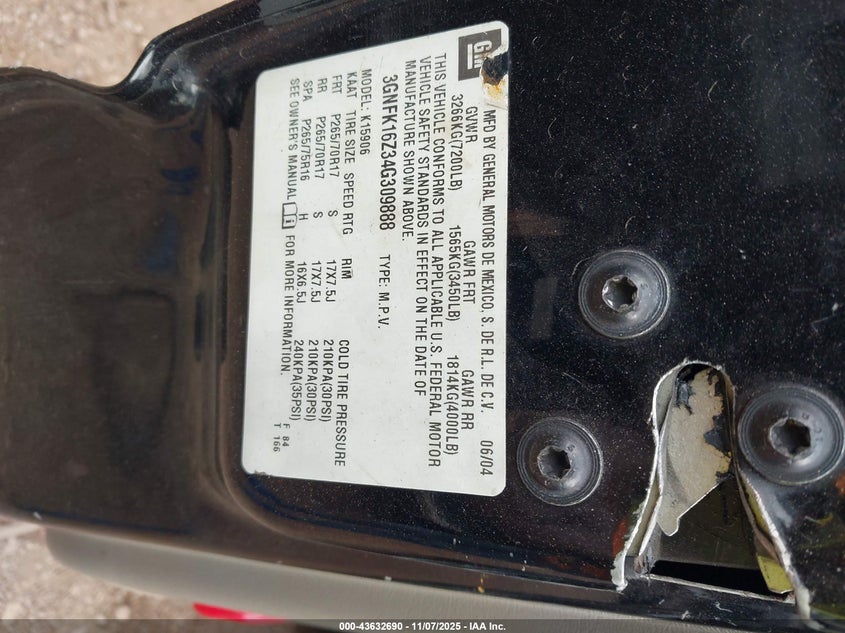 2004 Chevrolet Suburban 1500 Z71 VIN: 3GNFK16Z34G309888 Lot: 43632690