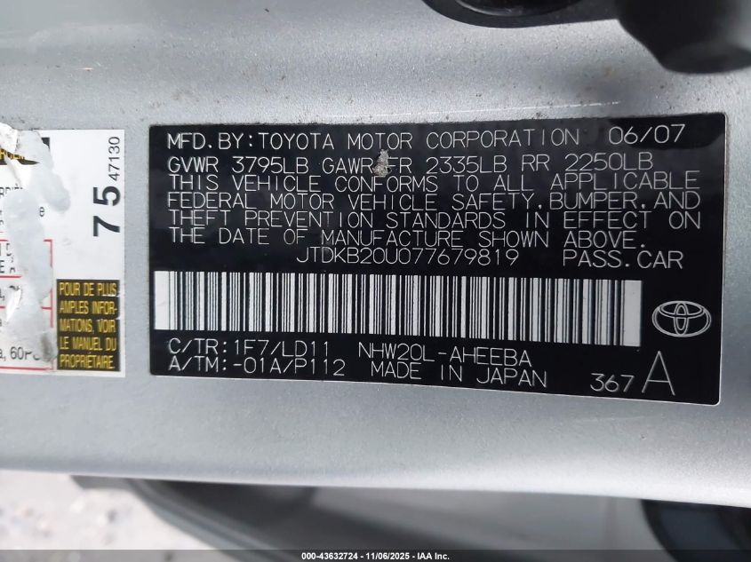 2007 Toyota Prius VIN: JTDKB20U077679819 Lot: 43632724