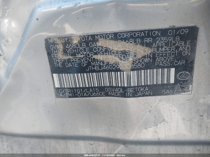 2009 Lexus Es 350 VIN: JTHBJ46G292308580 Lot: 43632727