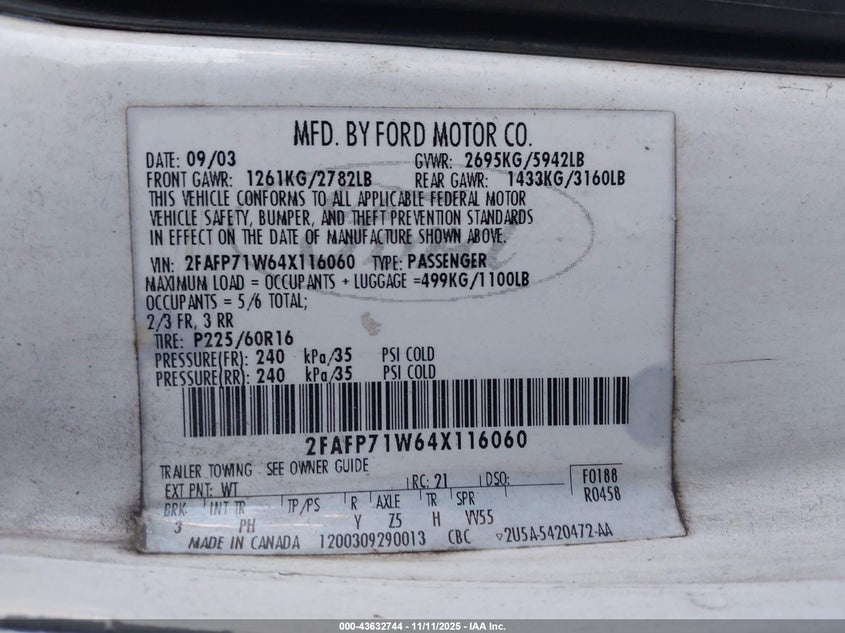 2004 Ford Crown Victoria Police VIN: 2FAFP71W64X116060 Lot: 43632744