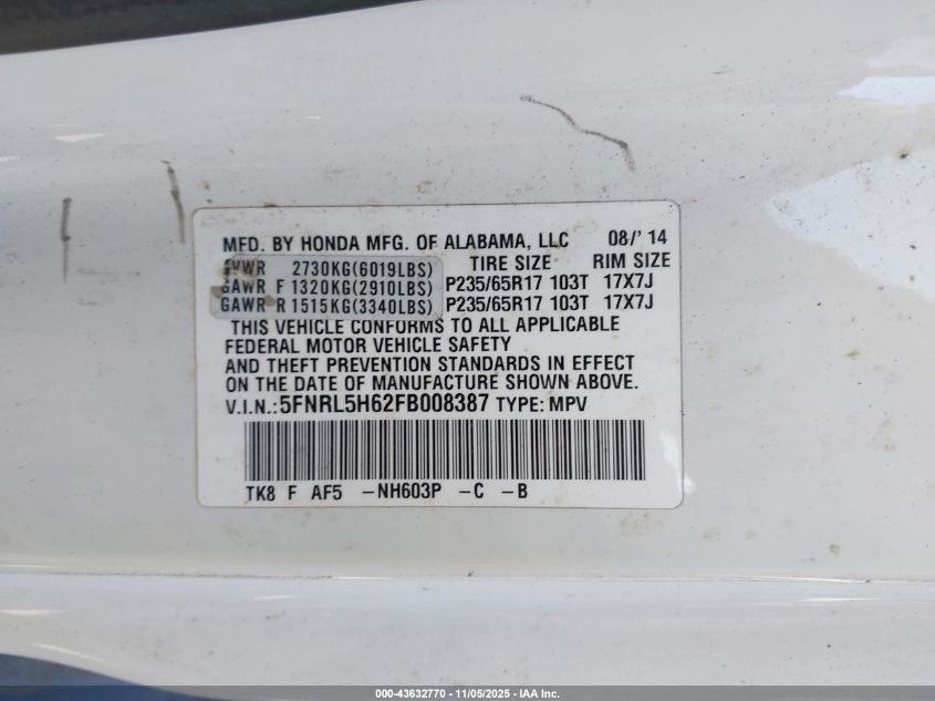 2015 Honda Odyssey Ex-L VIN: 5FNRL5H62FB008387 Lot: 43632770