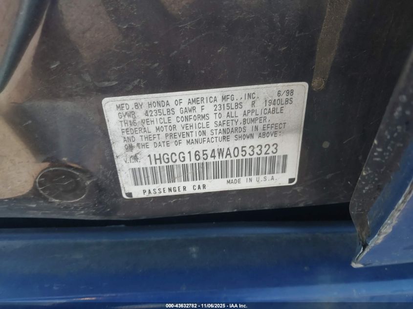 1998 Honda Accord Ex V6 VIN: 1HGCG1654WA053323 Lot: 43632782