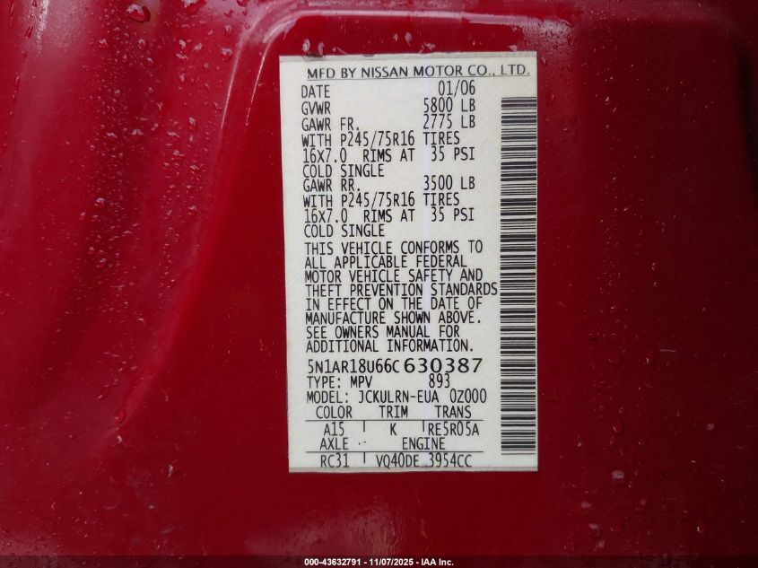 2006 Nissan Pathfinder S VIN: 5N1AR18U66C630387 Lot: 43632791