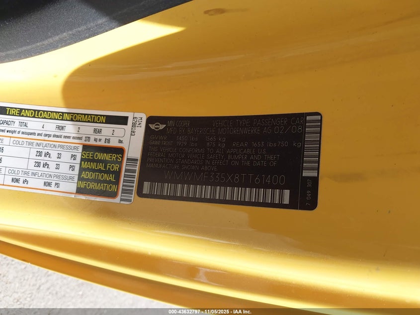 2008 Mini Cooper VIN: WMWMF335X8TT61400 Lot: 43632797