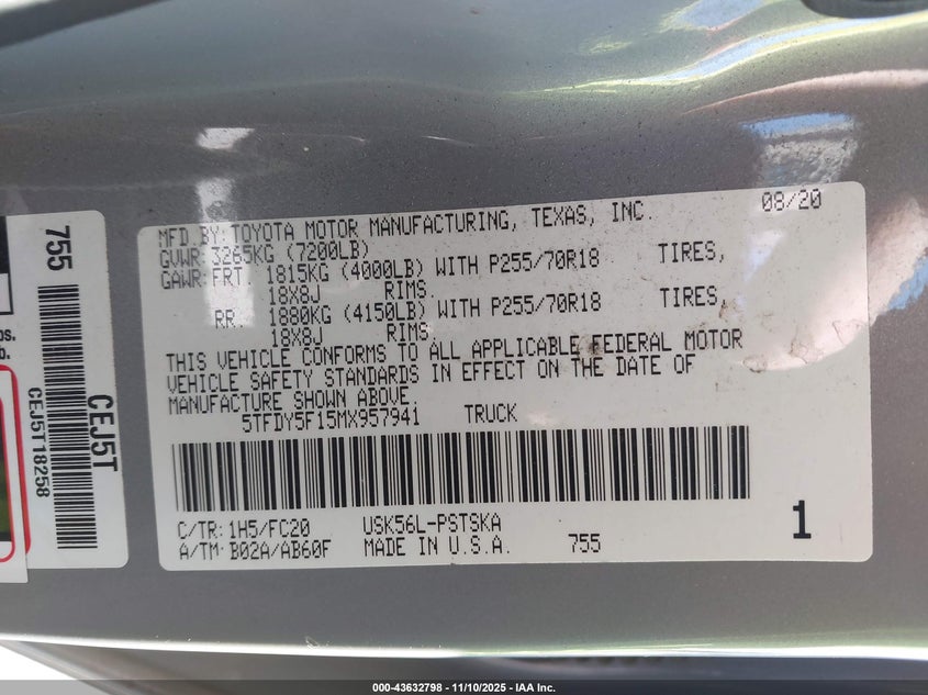 2021 TOYOTA TUNDRA 5.7L V-8 DOHC, VVT, (VIN: 5TFDY5F15MX957941