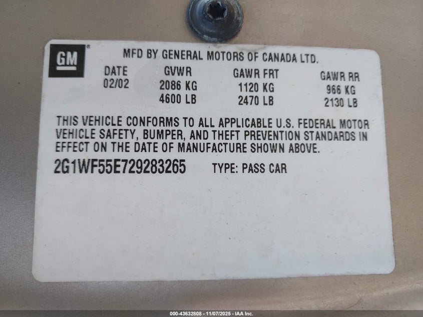 2002 Chevrolet Impala VIN: 2G1WF55E729283265 Lot: 43632808