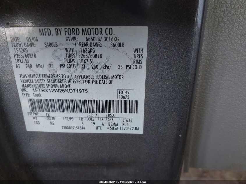 2006 Ford F-150 Stx/Xl/Xlt VIN: 1FTRX12W26KD71975 Lot: 43632819