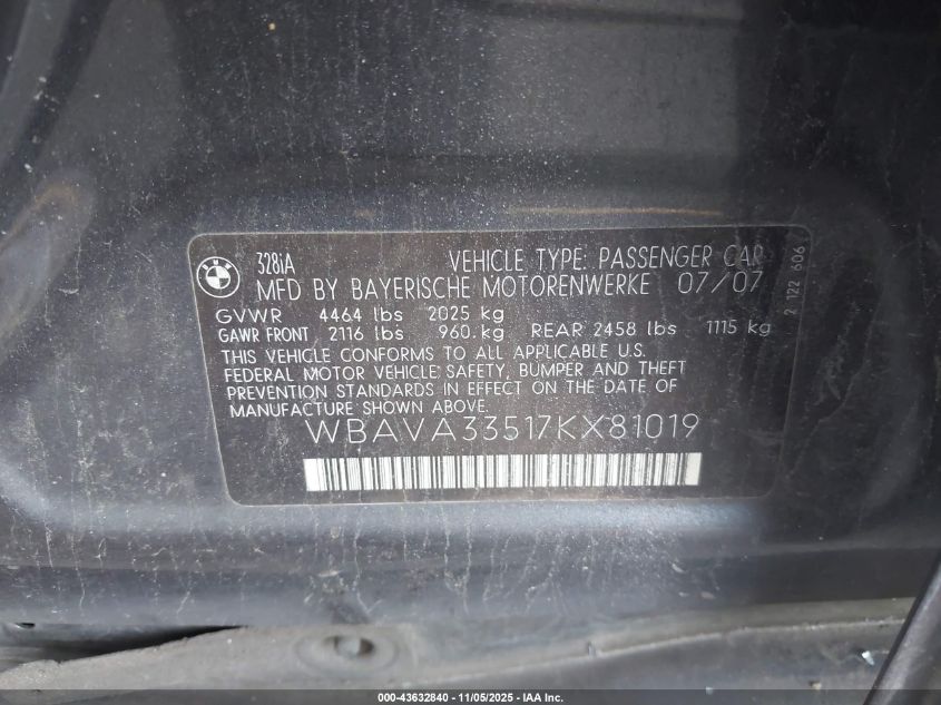 2007 BMW 328I VIN: WBAVA33517KX81019 Lot: 43632840
