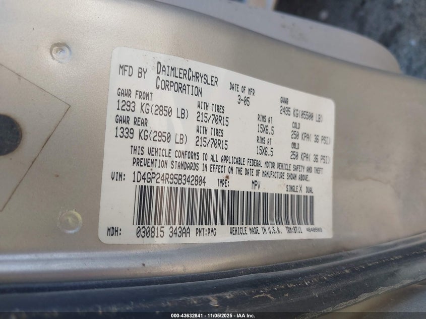 2005 Dodge Grand Caravan Se VIN: 1D4GP24R95B342804 Lot: 43632841