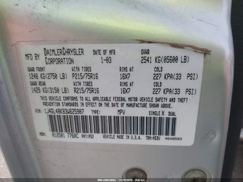 1J4GL48K83W625907 2003 JEEP LIBERTY (NORTH AMERICA) photo no. 9