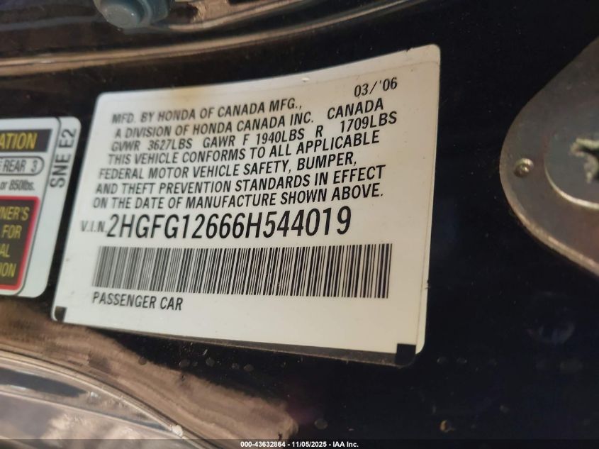 2006 Honda Civic Lx VIN: 2HGFG12666H544019 Lot: 43632864