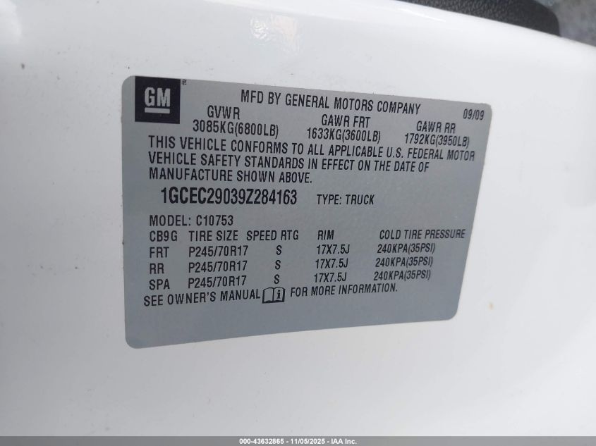 2009 Chevrolet Silverado 1500 Lt VIN: 1GCEC29039Z284163 Lot: 43632865