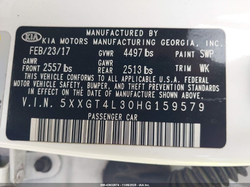 2017 Kia Optima Lx VIN: 5XXGT4L30HG159579 Lot: 43632874