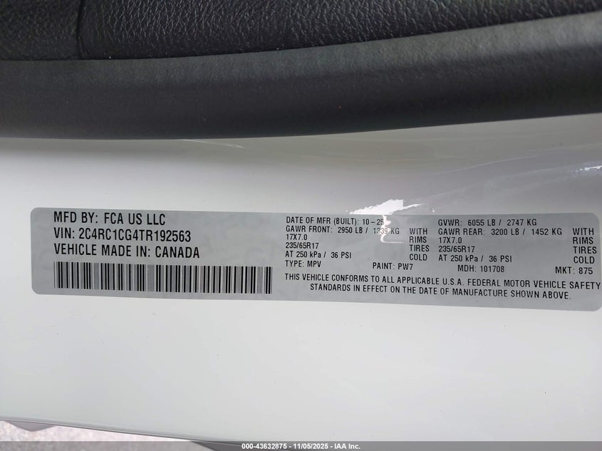 2026 Chrysler Voyager Lx VIN: 2C4RC1CG4TR192563 Lot: 43632875