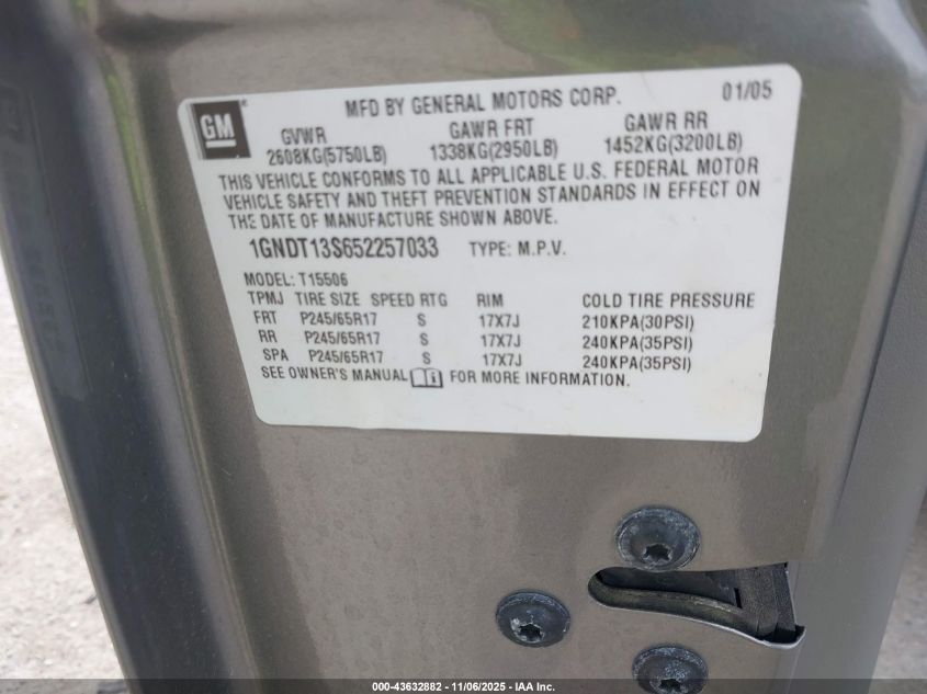 2005 Chevrolet Trailblazer Ls VIN: 1GNDT13S652257033 Lot: 43632882