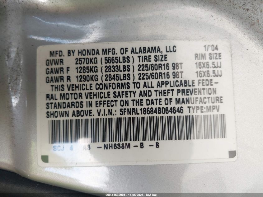 2004 Honda Odyssey Ex VIN: 5FNRL18684B064646 Lot: 43632904