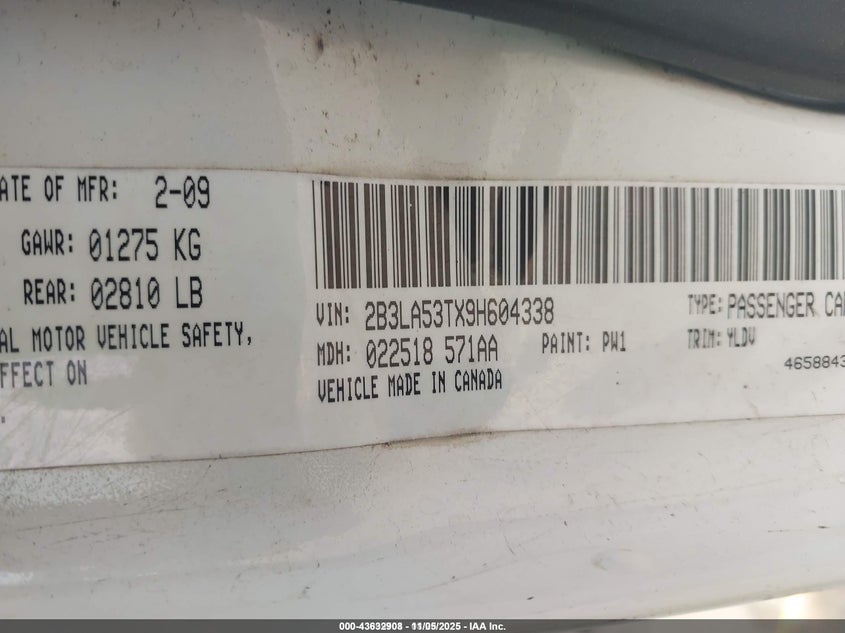 2009 Dodge Charger R/T VIN: 2B3LA53TX9H604338 Lot: 43632908