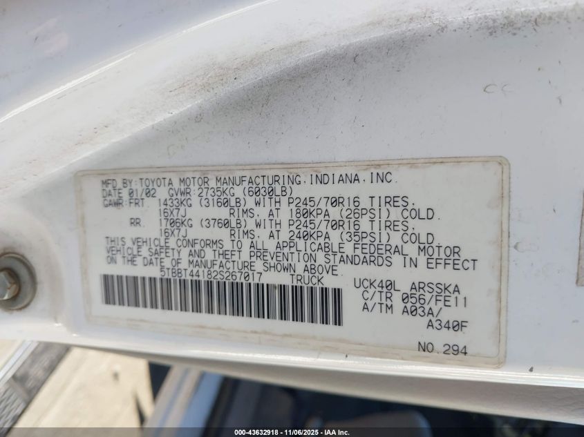 2002 Toyota Tundra Sr5 V8 VIN: 5TBBT44182S267017 Lot: 43632918