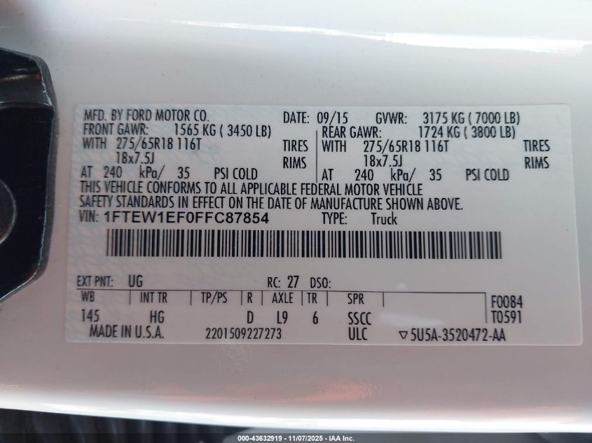 2015 Ford F-150 Lariat VIN: 1FTEW1EF0FFC87854 Lot: 43632919