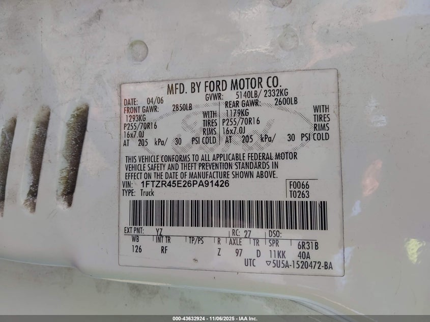 2006 Ford Ranger Fx4 Level Ii/Fx4 Off-Road/Sport/Xlt VIN: 1FTZR45E26PA91426 Lot: 43632924