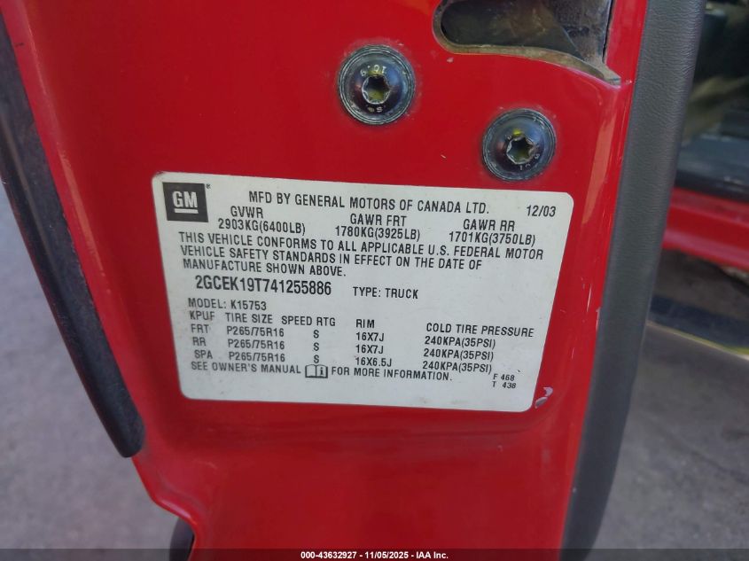 2004 Chevrolet Silverado 1500 Z71 VIN: 2GCEK19T741255886 Lot: 43632927