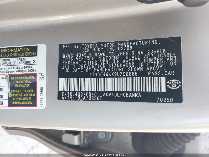 2009 Toyota Camry VIN: 4T1BE46KX9U796686 Lot: 43632931