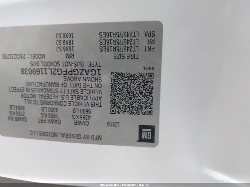 2020 Chevrolet Express Passenger Rwd 3500 Extended Wheelbase Lt VIN: 1GAZGPFG2L1169038 Lot: 43632933