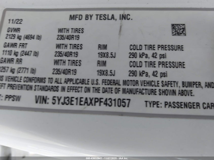 2023 Tesla Model 3 Rear-Wheel Drive VIN: 5YJ3E1EAXPF431057 Lot: 43632941