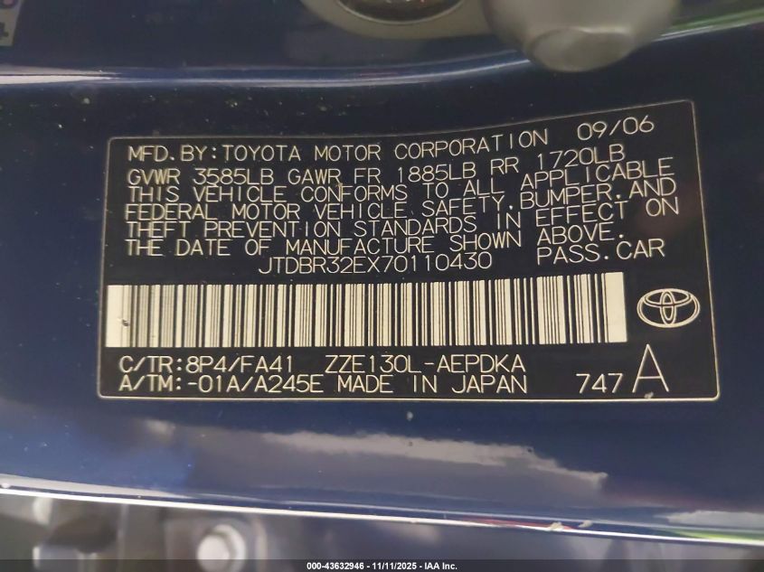 2007 Toyota Corolla Ce VIN: JTDBR32EX70110430 Lot: 43632946