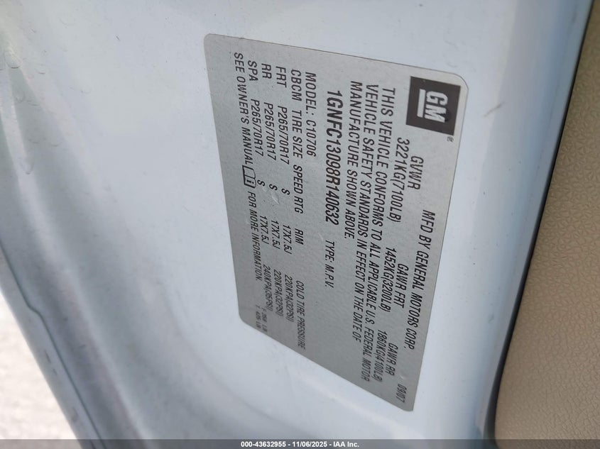 2008 Chevrolet Tahoe Lt VIN: 1GNFC13098R140632 Lot: 43632955